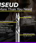 Promotional image with Up Down Compression Carbide Spiral Router Bit Set One Quarter Inch Diameter One Inch Cutting Length Two And A Half Inch Overall Length Five Piece Kit For Wood Plywood MDF Oak Aluminum Pro Grade Milling Bits For DIY Woodworking text and specifications.