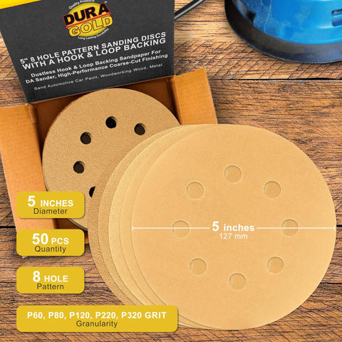 Variety Pack 5 Inch Gold Sanding Discs With 8 Hole Dustless Hook And Loop Backing 10 Each Of 60 80 120 220 320 Grits Box Of 50