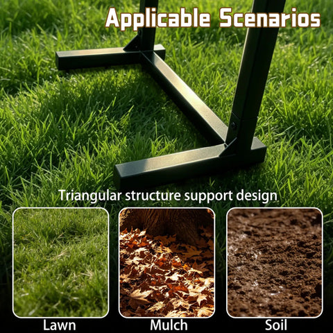 Heavy Duty Stainless Steel Garden Hose Reel With Triangle Reinforcement Brace on Grass, showing support on lawn, mulch, soil