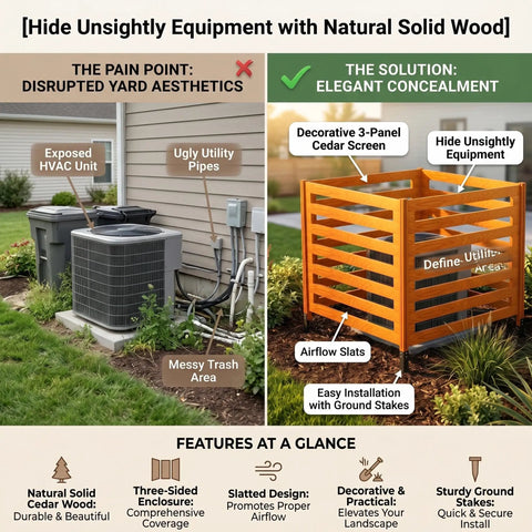 Solid Cedar 3 Panel Privacy Fence Screen For Air Conditioner 36x36 Inches With 4 Metal Stakes Quick Assembly Outdoor Decor To Hide AC Trash Cans And Lawn Gear, shown installed concealing equipment.