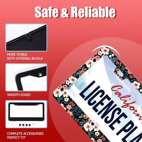Floral License Plate Frame With Colorful Flowers Stainless Steel Car Plate Holder Dope Auto Parts Decoration With Screws 12x6 Inch Scratch Resistant Noise Reduction For Men And Women