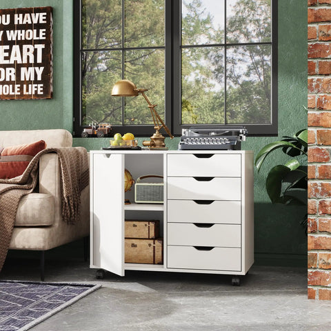 Five Drawer Wood Storage Cabinet With Wheels And Adjustable Shelf, Printer Stand For Home Office next to a sofa