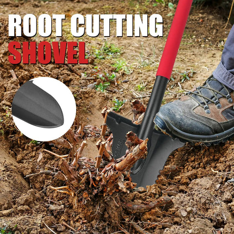 Drain Spade Garden Shovel With Root Saw And Ergonomic Oval Steel Handle cutting roots in dirt