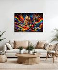 Colorful wall art featuring paint supplies and a rainbow theme above a cozy living room sofa and decor.