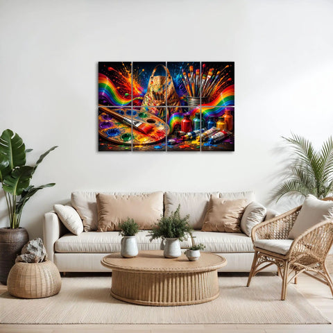 Colorful wall art featuring paint supplies and a rainbow theme above a cozy living room sofa and decor.