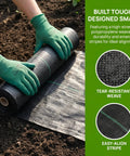 Hands rolling Heavy Duty Weed Barrier Landscape Fabric Ground Cover Pro Grade For Garden Yard Pathway Driveway Weed Block