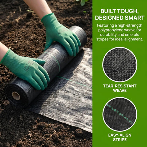 Hands rolling Heavy Duty Weed Barrier Landscape Fabric Ground Cover Pro Grade For Garden Yard Pathway Driveway Weed Block