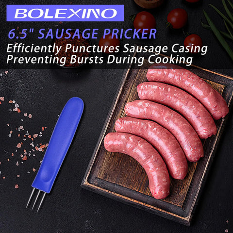 Two Pack 6.5 Inch 3 Prong Sausage Pricker Tools With Stainless Steel Needles, Non Slip Handles, And Storage Case For Home Sausage Making And Curing next to sausages on board.