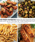 Top Rated Air Fryer With Four In One Cooking Functions For Crispy Roasting Versatile Temp Control And Fully Dishwasher Safe Basket Delivers Low Stress Kitchen Vibes And Straight Up Delicious Results Daily - Air fried chicken wings, Brussels sprouts, French fries, and salmon on display.