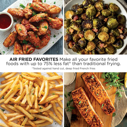 Top Rated Air Fryer With Four In One Cooking Functions For Crispy Roasting Versatile Temp Control And Fully Dishwasher Safe Basket Delivers Low Stress Kitchen Vibes And Straight Up Delicious Results Daily - Air fried chicken wings, Brussels sprouts, French fries, and salmon on display.