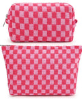 Large Checkered Makeup Bag Canvas Cosmetic Organizer For Travel And Daily Use Rose Red Design Big Capacity