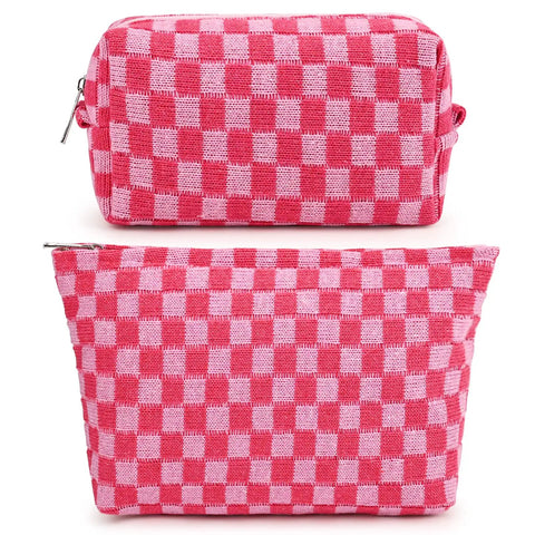 Large Checkered Makeup Bag Canvas Cosmetic Organizer For Travel And Daily Use Rose Red Design Big Capacity