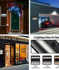 Solar Powered LED Address Sign With Three Color Lighting Personalized House Number Plaque for Outdoor Use, shown on various buildings with lighting options.