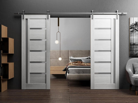 Quadro 4088 Barn Door 84x96 In Double Sliding Interior Door With Frosted Glass Light Gray Oak Finish, installed on rail