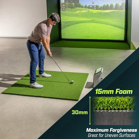 Man practicing swing on Golf Hitting Mat 5x4 Ft with Premium 15 Mm Artificial Turf, indoor setup shown with screen
