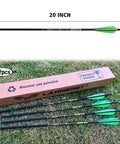Pack of 12 carbon crossbow bolts, 20 inch arrows with fletched 4 inch vanes, field point, packaged for outdoor shooting.