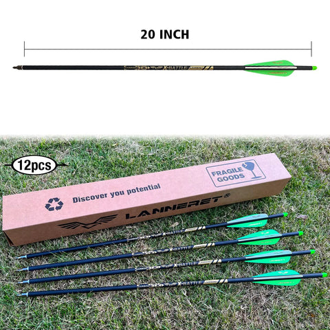 Pack of 12 carbon crossbow bolts, 20 inch arrows with fletched 4 inch vanes, field point, packaged for outdoor shooting.