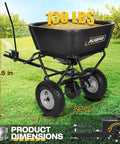 Black tow behind broadcast spreader for lawn and garden with 130 lb hopper, adjustable flow control, 12 ft spread width.