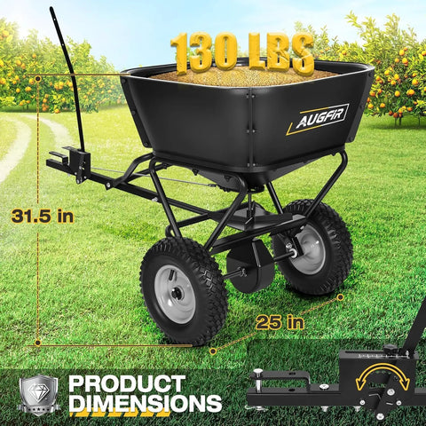 Black tow behind broadcast spreader for lawn and garden with 130 lb hopper, adjustable flow control, 12 ft spread width.
