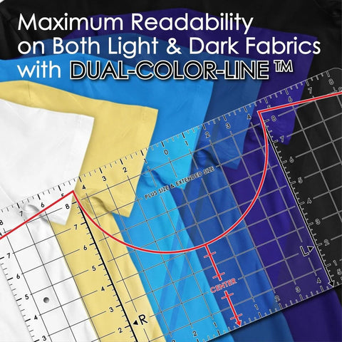 Five Sizes Tee Ruler Guide For Vinyl Alignment And Center Placement For Heat Press Perfect Left Chest Logo Positioning For DTF HTV And Sublimation Projects That Help Your Tee Biz Grow With Confidence shown on various colored fabrics with dual-color lines for accurate placement.