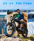 Powerful 1500W Electric Bike For Adults with 20" fat tires on mountain terrain, highlighting off-road capability, 34 MPH speed.