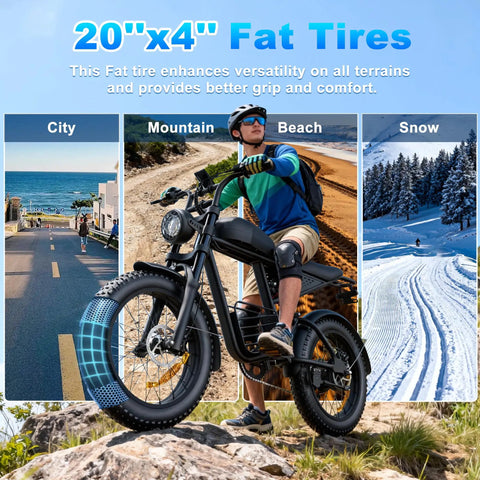 Powerful 1500W Electric Bike For Adults with 20" fat tires on mountain terrain, highlighting off-road capability, 34 MPH speed.