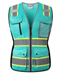 Front view of High Visibility Peacock Mesh Safety Vest With Nine Pockets And Front Zipper For Women Meets ANSI ISEA Standards Hi Vis Workwear XL.