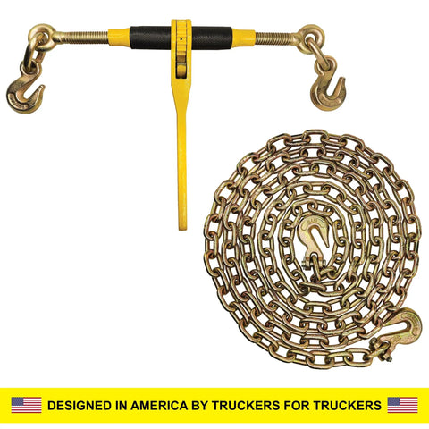 Heavy Duty G70 Chain And Binder Set With 4 Ratchet Load Binders, 9200 Lbs Real Pull, 3/8 Inch By 10 Feet Link Chains, No Sweat Securement For Flatbed Trailers And Heavy Pickup Towing