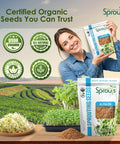 Alfalfa Sprouting Seeds Non GMO Organic For Quick No Fuss Easy Homegrown Sprouts Premium Resealable 16oz Bag with woman holding bag