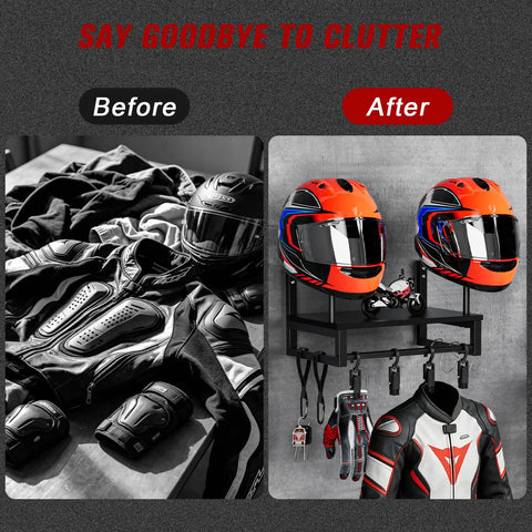 Before and after of Badass Solid Wood Motorcycle Helmet Holder Wall Mounted With Four Glove Clips And Four Heavy Duty Hooks.