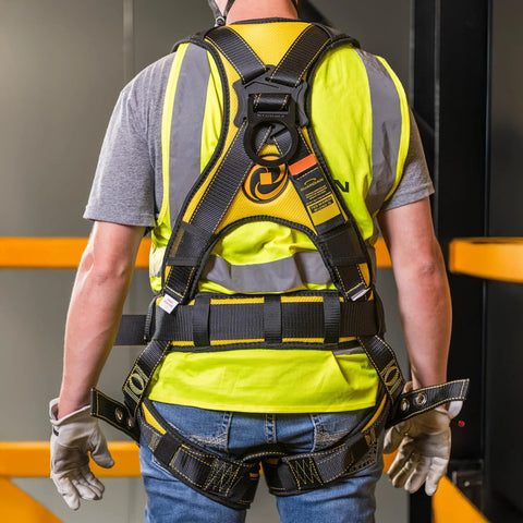 Back view of person wearing All Day Comfort Safety Harness With Waist Pad And Side D Rings For Worksite Use Boss Level OSHA ANSI Compliant Lightweight
