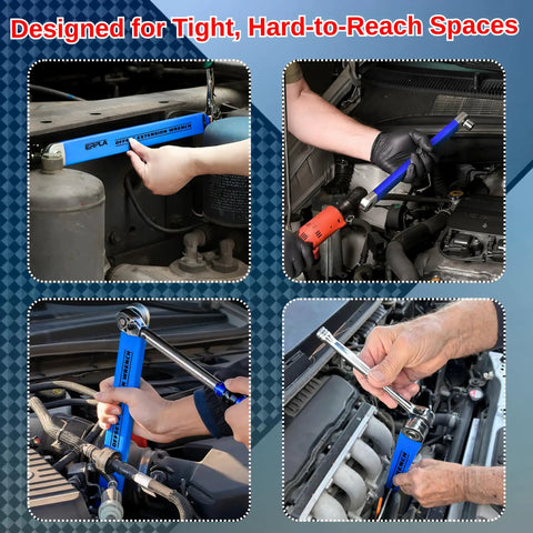 Offset Extension Wrench Set With Chain Driven Ratchet, 15.4 Inch Reach, Impact Ready Tool, Includes 1/4, 3/8, And 1/2 Inch Adapters, High Torque Up To 75 Nm, Built From Heavy-Duty Alloy Steel For Tough Car Repair And Engine Work used in tight engine bays