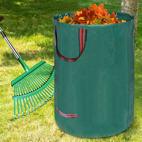 Adjustable Metal Leaf Rake Set With Telescopic Handle From Thirty Eight To Seventy Three Inches Twenty Five Tines Nineteen Inch Wide Includes Two 32 Gallon Leaf Bags And Scoops Heavy Duty Garden Rake For Lawns Shrubs Grass And Flower Beds displayed with leaf bag filled with orange leaves on lawn