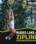 Child using Roller Adventure Slackline Kit For Kids 36 Ft With Ninja Course Attachment T Bar in backyard with trees.