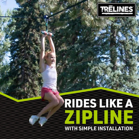 Child using Roller Adventure Slackline Kit For Kids 36 Ft With Ninja Course Attachment T Bar in backyard with trees.