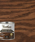 Varathane Premium Fast Dry Wood Stain can on dark walnut wood background, Super Dark Walnut Oil Based Wood Stain For Interior Fixes.
