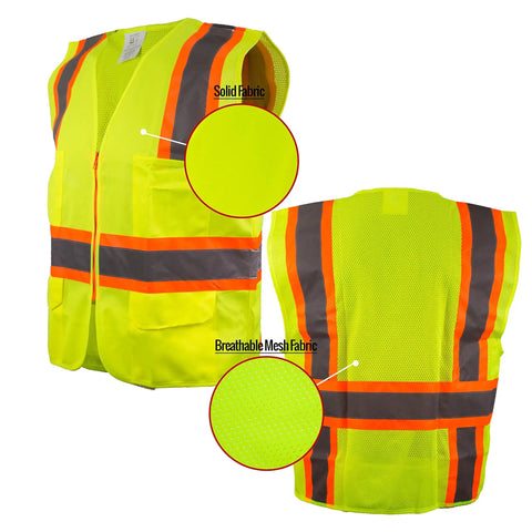 Fresh Two Tone Safety Vest Loaded With Bold Reflective Strips And Roomy Pockets For Guaranteed High Visibility Wrapped In Cool Airflow Mesh And Snappy Front Zipper, showcasing solid and breathable mesh fabrics.