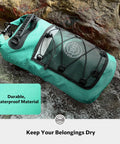 Waterproof Dry Backpack With Phone Case Large Floating Dry Bag For Kayaking Travel Hiking Fishing Camping And Beach Gear 5L To 55L Heavy Duty Roll Top Teal shown on wet rocks