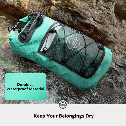 Waterproof Dry Backpack With Phone Case Large Floating Dry Bag For Kayaking Travel Hiking Fishing Camping And Beach Gear 5L To 55L Heavy Duty Roll Top Teal shown on wet rocks