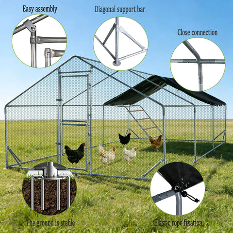Heavy Duty Walk In Metal Chicken Coop With Spire Roof And Waterproof UV Cover Large Outdoor Run For Ducks And Chickens Rust Resistant Galvanized Steel Roosting Perch Backyard Farm Enclosure 3 Unit Coop illustration showing structure and details.