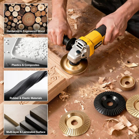 Person using Five Piece Wood Carving Disc Set For 4 Inch And 4 And A Half Inch Angle Grinders With Five Eighth Inch Adapters on wood