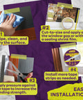 Instructional collage for Transparent Window Weather Sealing Tape 2 Inch By 30 Yards Clear Draft Blocking Sealing Film Tape No Residue.
