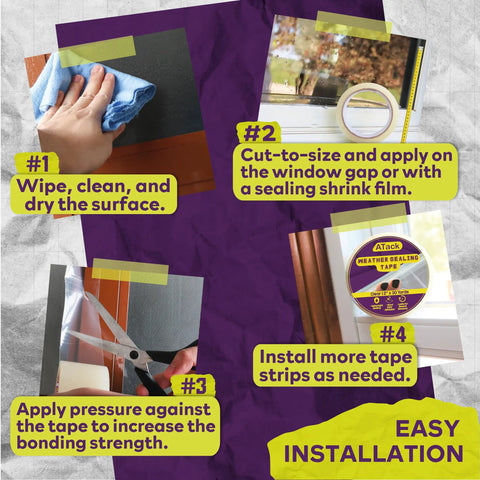 Instructional collage for Transparent Window Weather Sealing Tape 2 Inch By 30 Yards Clear Draft Blocking Sealing Film Tape No Residue.