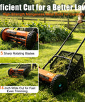 Effortless 14-Inch 5-Blade Push Reel Lawn Mower For Small Yards, Manual Walk-Behind With 5-Position Height Adjustment, Alloy Steel Blades, Quiet Lightweight, Motorless Design For Clean, No-Fuss Cuts, orange reel mower in use on grass