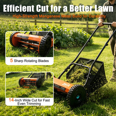 Effortless 14-Inch 5-Blade Push Reel Lawn Mower For Small Yards, Manual Walk-Behind With 5-Position Height Adjustment, Alloy Steel Blades, Quiet Lightweight, Motorless Design For Clean, No-Fuss Cuts, orange reel mower in use on grass
