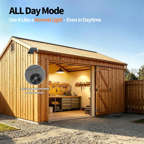 Wooden shed with open door showing Solar Pendant Lights Indoor Outdoor With Remote All Day And Night Modes 4000mAh Battery inside