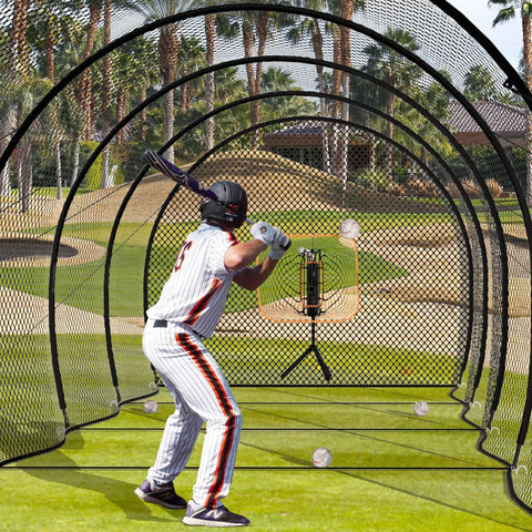 Player practicing in 40 Foot Batting Cage For Baseball And Softball With Sock Pocket Freestanding Frame Heavy Duty Net And Portable Backyard Training Gear For Freestyle Hitting And Practice