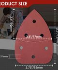 64 Pack Heavy Duty Sanding Pads For Mouse Sanders With 40 To 320 Grit Range And Easy Rip Edges compatible with Ryobi, showing size specifications.