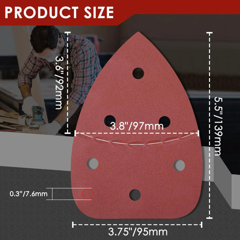 64 Pack Heavy Duty Sanding Pads For Mouse Sanders With 40 To 320 Grit Range And Easy Rip Edges compatible with Ryobi, showing size specifications.