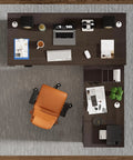 Upgrade Your Daily Grind With This Premium Executive Standing Desk Featuring Smooth Dual Electric Motors Four Memory Presets And Secure Storage L Shaped Khalba Oak Design with workspace top view.